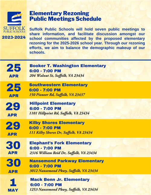 Elementary Rezoning Public Meetings Schedule